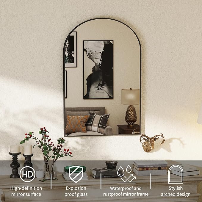 NEWBULIG 20X30 Inch Arched Bathroom Wall Mirror for Over Sink, Black | Wall Vanity Mirror with Tempered Glass, Anti-Rust Arched Metal Framed, Hanging or Leaning, Farmhouse Home Decor