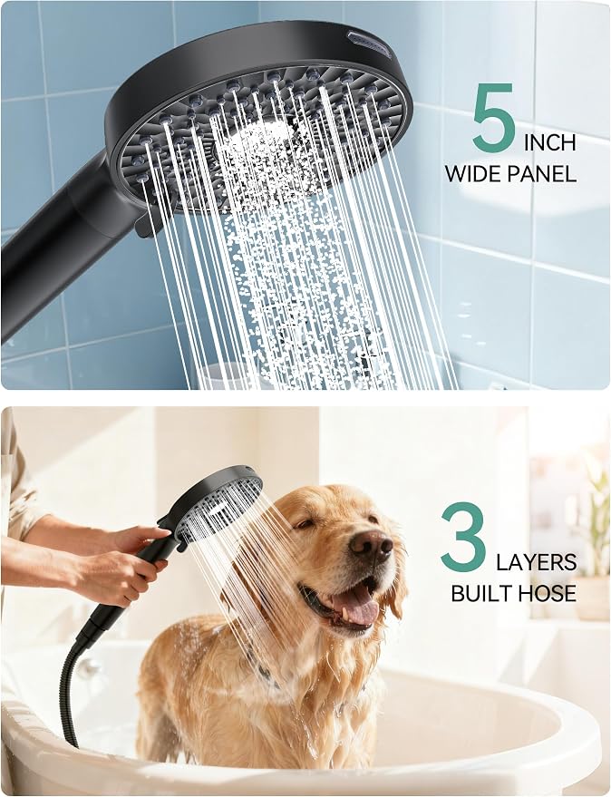 Magichome Shower Head with Handheld, High Pressure 10-Spray Detachable Chrome Showerhead with Stainless Steel Hose, Black