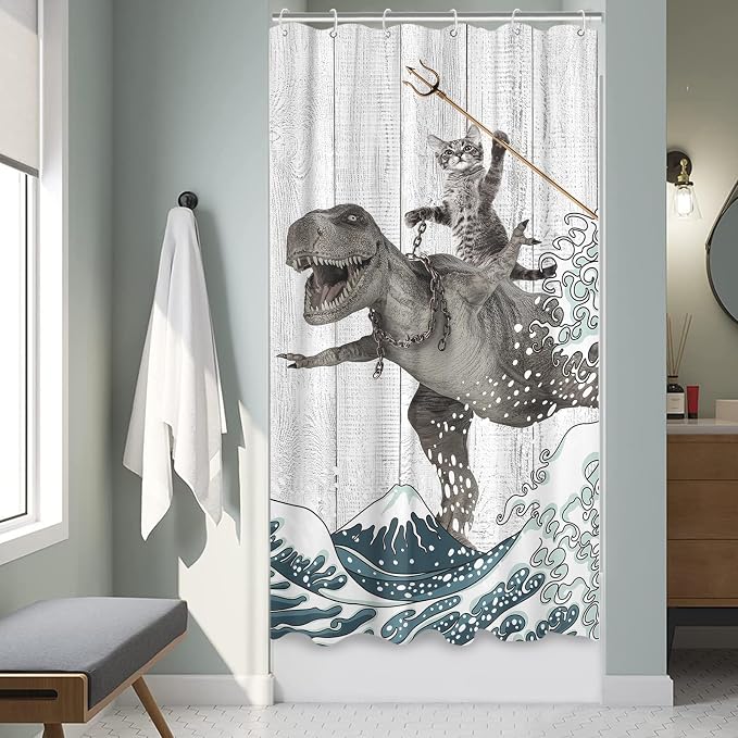 Fungarth Funny Cat Shower Curtain Dinosaur Ocean Sea Wave Shower Curtains for Bathroom Cool Waterproof Fabric Rustic Wooden Farmhouse Bath Curtain Decor (Gray1, 36” x 72”)
