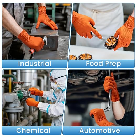 Borje Orange 8 Mil Nitrile Disposable Gloves, 100 Count, X-Large | Heavy-Duty, Latex & Powder Free, Raised Diamond Texture, Mechanic, Industrial, Automotive, Gardening