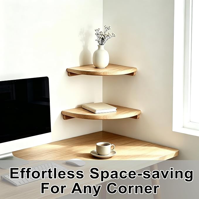 Floating Corner Shelves, 2 Pack Solid Wood Round End Wall Mount | 8.7"& 7.1" sizes with cable hole, holds small decor, plants & speakers; ideal for bedroom, kitchen, living room, bathroom
