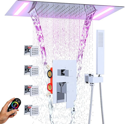ENGA Shower System with Body Jets, 2 In 1 Functions Ceiling Mount 14x20inch LED Shower Head with 4 Body Jets, Rainfall Waterfall Shower Faucet Set, Chrome