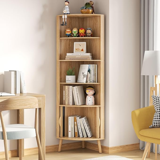 66'' Tall Corner Bookshelf with 2 Fluted Sliding Doors, Oak | 5-Tier Corner Shelf, 5 Shelf Bookcase,Mid-Century Modern,Freestanding Display Storage Organizer for Living Room,Office