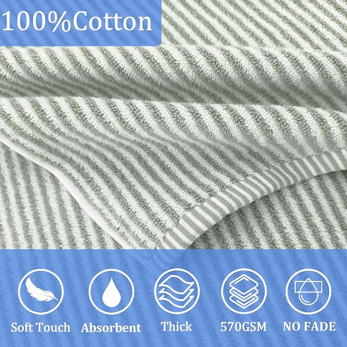 VOOVA & MOVAS Kids Hooded Bath Towel, 6-10 Years, 100% Cotton, Green Stripe | Refined Horizontal Stripes, Thick Plush Fabric, Excellent Water Absorption Performance