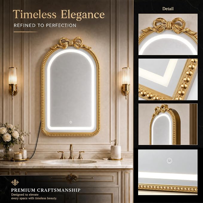 Vanity Mirror with Lights,LED Bathroom Mirror 31x20 Gold Bow Mirror | Mirror with Lights, LED Mirror, Bathroom Mirror with Lights, Lighted Mirror, Gold Bathroom Mirror,Vanity Mirror for Bathroom