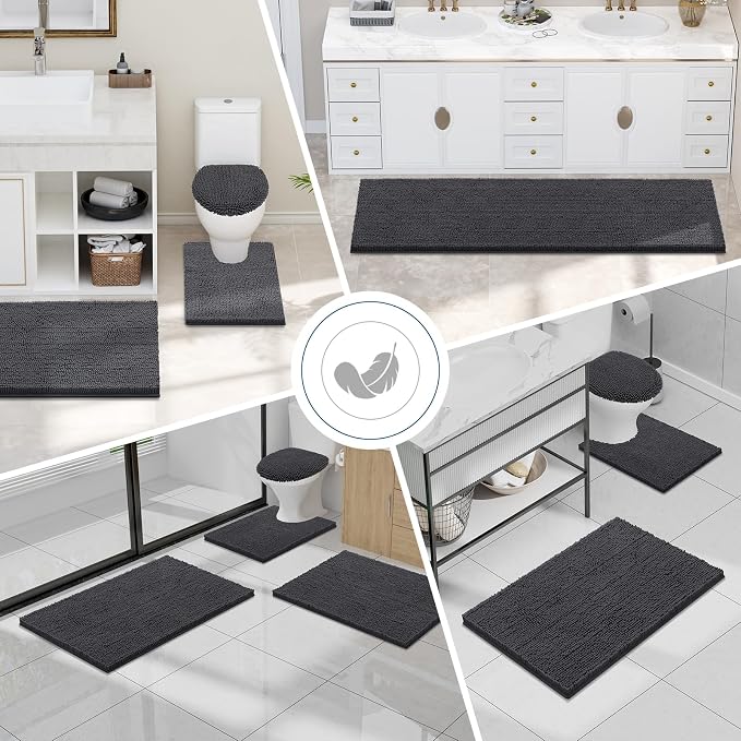 Smiry Bathroom Rugs 34X21, Luxury Chenille Extra Soft Absorbent Bath Mat | Charcoal Grey, Machine Washable Non-Slip Plush Bath Mats for Bathroom, Tub, Shower, and Floor, Home Decor