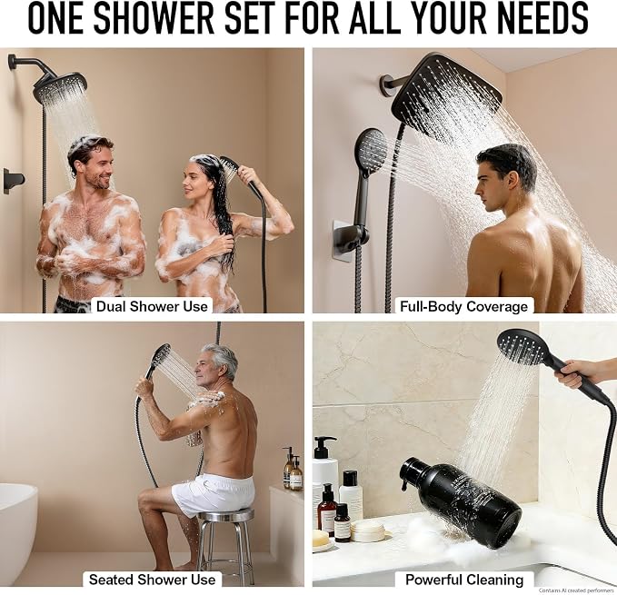 Veken 11.8“ Rain Shower Head with Handheld,Dual High Pressure Shower Heads | Easy Pause,5-mode Hand Held Spray with Hose,Wide Detachable Rainfall,Double Showerhead Combo,Bathroom Accessories,Matte Black