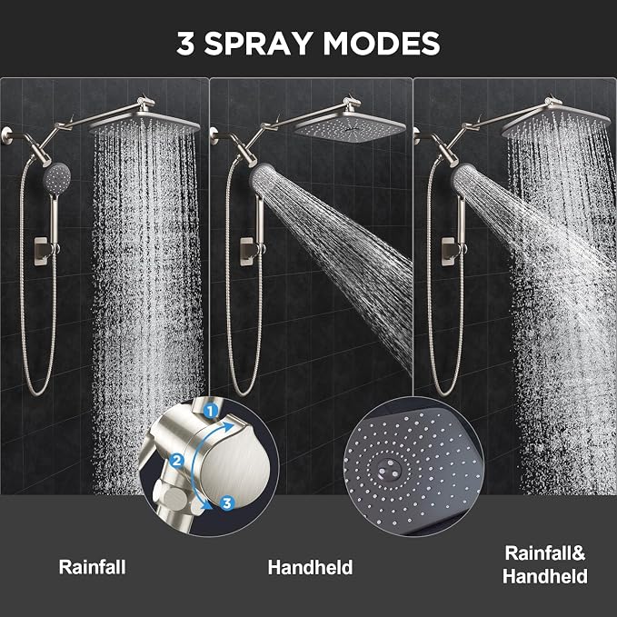 Veken Brushed Nickel 11.8" Shower Head with Handheld,Stain Resistant Finish | Handheld Shower Head with Multi Spray Modes,Rainfall Combo with 15" Metal Extension Arm,Detachable Dual Shower,Regaderas Para