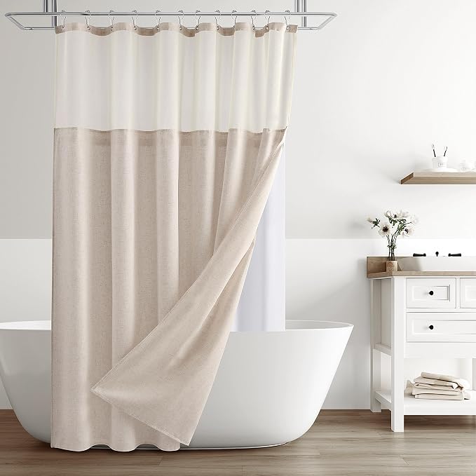 Extra Long Linen Shower Curtain 84 Inches Boho Double Layer | 7ft,Curtains with Hook for Bathroom, Snap in Liner, Water Repellent, Boho Farmhouse, Modern Bath Decor, 1 Panel, 72x84