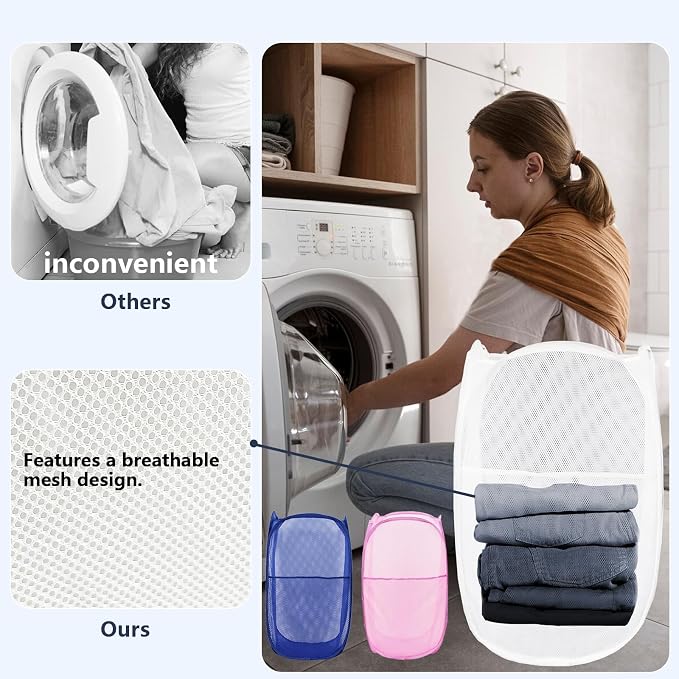 Pop Up Laundry Hamper, Mesh Laundry Basket Collapsible, Foldable Hamper for Travel and Storage, 3 Pack (White+Pink+Blue)