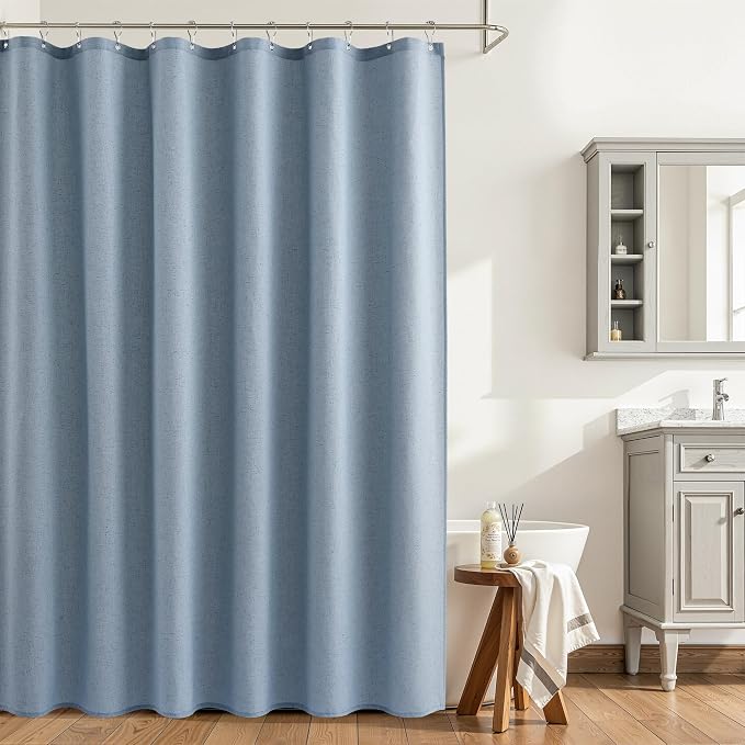 Extra Long Linen Shower Curtain 90 Inch Long Shower Curtains Set with Hooks for Bathroom Boho Farmhouse Fabric Neutral Cloth Modern Cottage Core Waterproof,Stone Blue