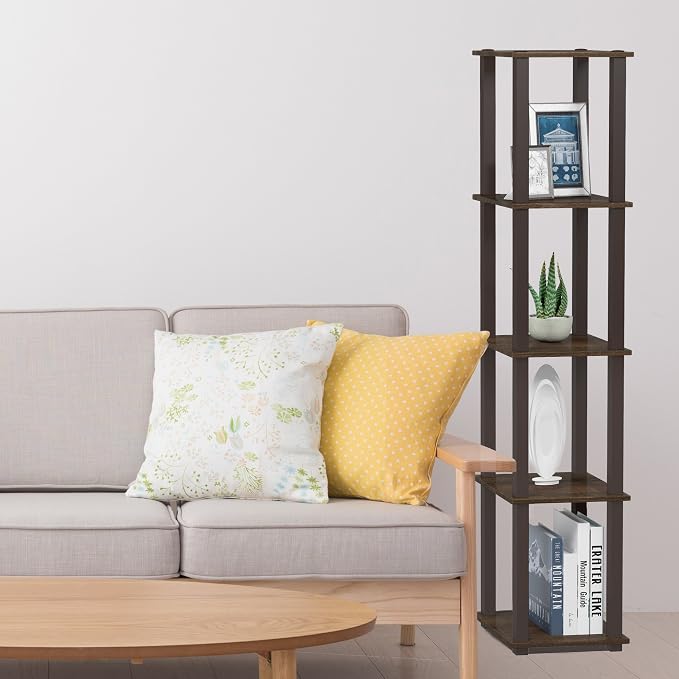 FURINNO Turn-S-Tube 5-Tier Corner Square Rack Display Shelf, Walnut/Brown | Open Frame, Corner Shelf, Free Standing Open Shelves, for Organization and Storage, Living Room, Garage, Home Office