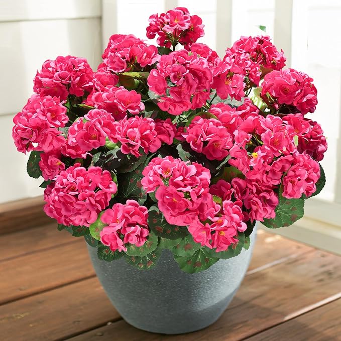 Artificial Geranium Fake Flowers for Outdoors Decoration, 6 Bundles Silk Geraniums Flower UV Resistant Look Real Faux Plants for Outside Planter Front Door Garden Patio Balcony Yard Home, Hot Pink