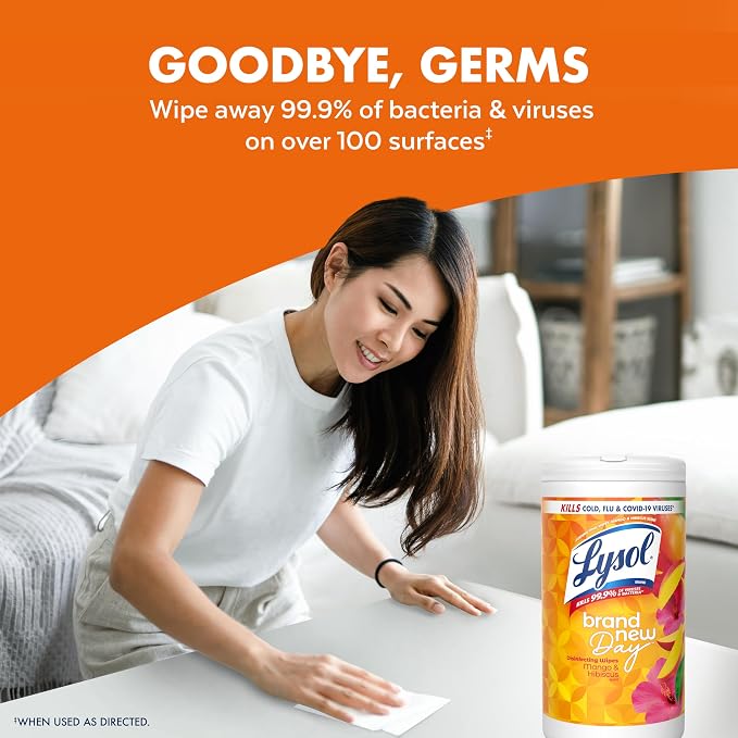 Lysol Disinfecting Wipes, Multi-Surface Cleaner, Mango, 80 ct. | All Purpose Cleaner, Sanitizing, Deodorizing, Apartment Essentials, Back To School Cleaning Supplies, Kitchen & Bathroom Wipe