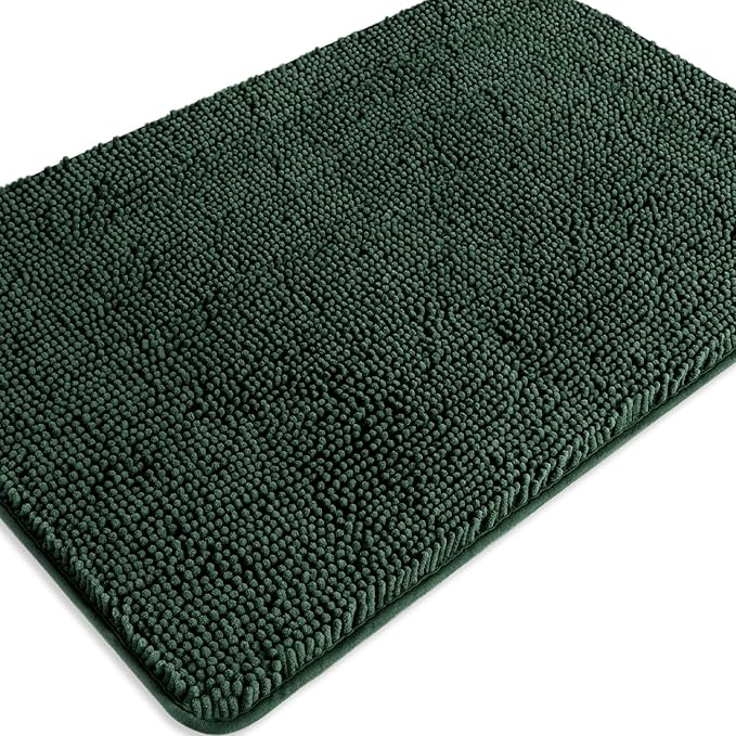 Dark Green Bathroom Rugs – Absorbent and Washable Bath Mat, Non-Slip, Thick Soft Chenille Bath Rugs for Bathroom Floor, Shower, Sink - 24" x 36"