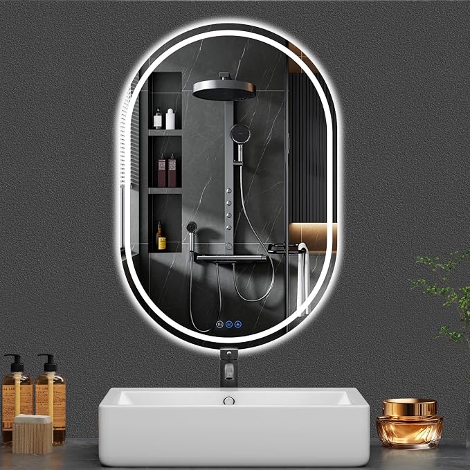 Oval LED Bathroom Mirror, 22"x 32" Frameless Lighted Mirror | LED Mirror with Front Light & Backlit, Anti-Fog, Dimmable Wall Mounted Lighted Mirror, Pill-Shaped Smart Bathroom Mirror