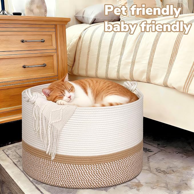 22"x22"x14" Large Blanket Basket, Home Décor for Living Room Bedroom, Cotton Rope Laundry Basket for Clothes Pillows, Baby Fall Decorations for Home Toy Storage, White & Camel