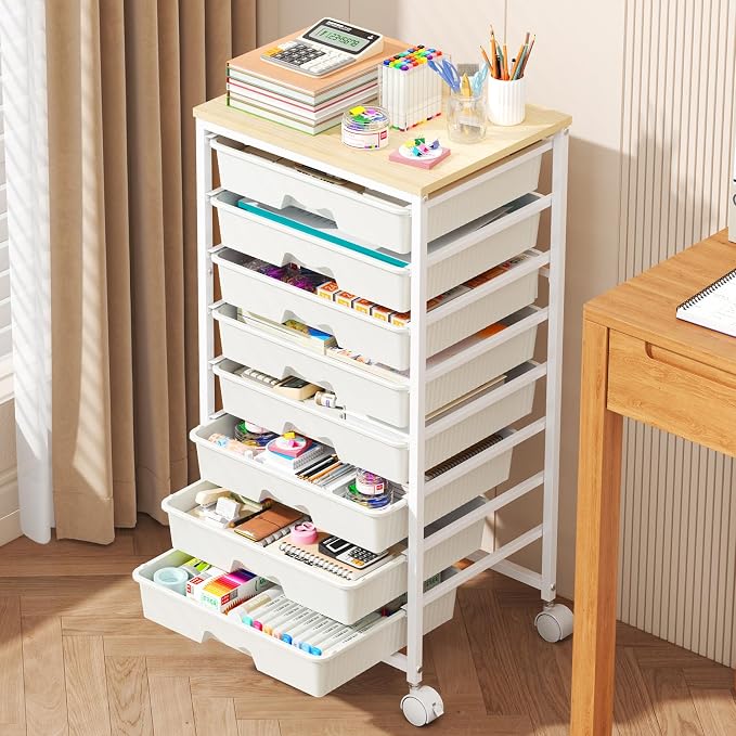 Goovilla Rolling Cart with 8 Drawers for Art, Dorm, Office, Craft, White | Utility Cart Organizer With 8 Removable Drawers and Wooden Tabletop, Lockable Rolling Storage Organizer for Classroom, Home