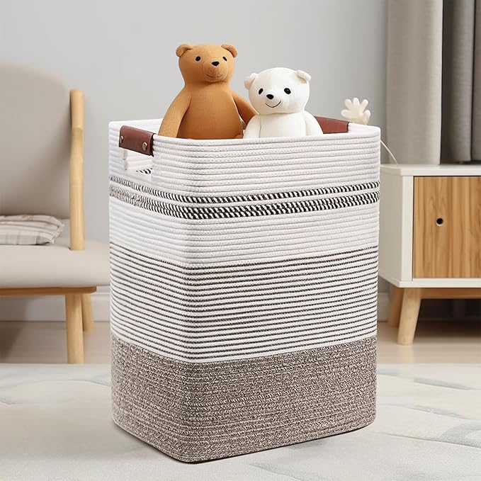 Laundry Hamper, 85L Cotton Rope Laundry Basket, Rice Brown & White | Foldable nursery hamper with leather handles; store blankets, toys, baby clothes and laundry in bedroom or living room