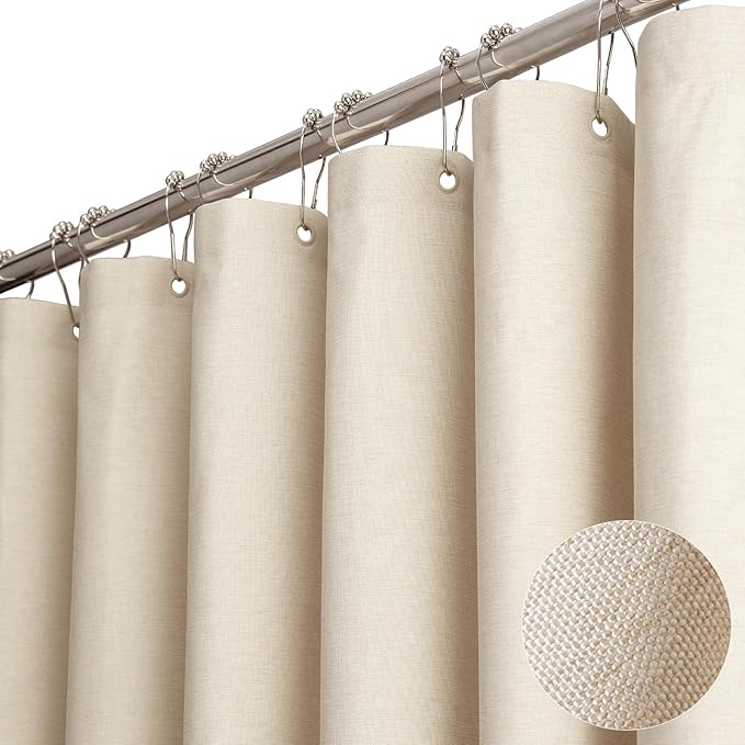 180x72 Linen Textured Waterproof Fabric Shower Curtain, Beige/Cream | Clawfoot Tub Size, 230GSM Polyester, Heavy Duty Cloth, Weighted Hem, 32 Plastic Hooks, Modern Hotel Style, Machine Washable