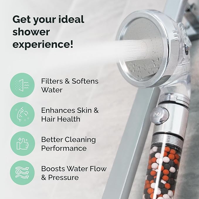 Original StoneStream EcoPower High Pressure Handheld Shower Head with ON OFF switch- 3 Spray Settings with Hose, Wall Adapter and Replacement Beads