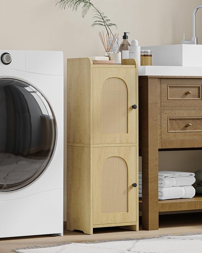 Hzuaneri Bathroom Storage Cabinet, Small Corner Floor Cabinet with 2 Doors | Narrow Toilet Paper Cabinets with Adjustable Shelf, Bathroom Organizer for Small Spaces, 7.9"D x 9.8"W x 29.5"H Rattan Yellow