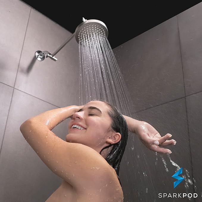 SparkPod Rain Shower Head, 6 Inch Round, Elegant Brushed Nickel Finish | High Pressure Shower Heads, 90 Nozzles, Adjustable Showerhead, No Tools Needed, Universal Connection