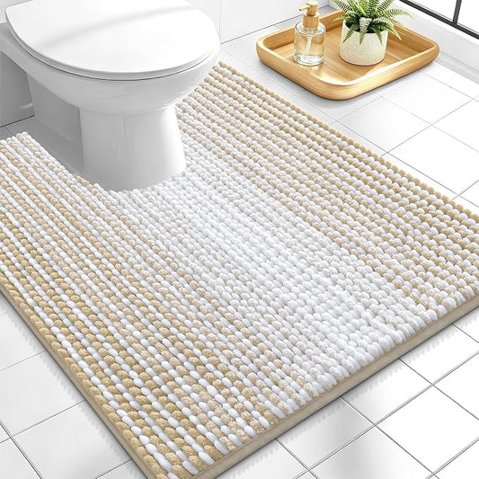 OLANLY Toilet Rugs U-Shaped 24x20, Soft Chenille Contour Bath Mat, Beige | Extra Absorbent, Striped Bathroom Rugs for Toilet, Dry Quickly, Machine Washable, Non-Slip