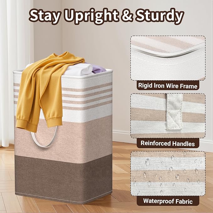 WOWBOX 2 Pack Laundry Baskets, Collapsible Dirty Clothes Laundry Hampers | with Reinforced Handles, Waterproof Coating, 2 Pack for Clean & Dirty Clothes, for Bedroom, Bathroom, Dorm (75L Khaki)