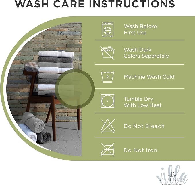 Villa Celestia 12-Piece 100% Cotton Towel Set, 4 Bath Towels, 4 Hand Towels, 4 Wash Cloth, Quick-Dry, Sage