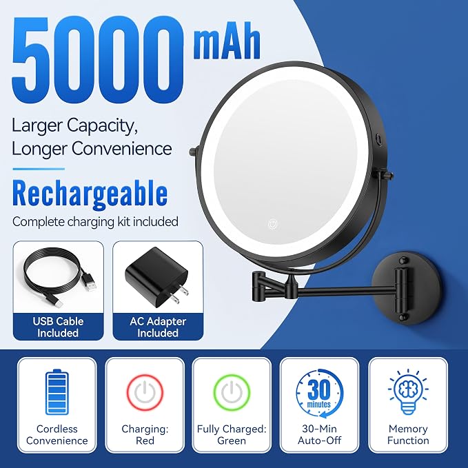 Auxmir 9″ 5000mAh 1X/30X Wall Mounted Lighted Magnifying Makeup Mirror | Power Adapter&2 Tweezers Included/ 3 Dimmable Colors/ Dual Sided Button Control/ Rechargeable/ 360° Rotation Extended Arm