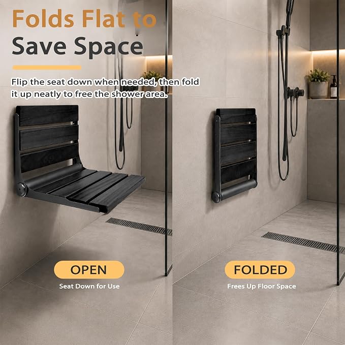 Folding Shower Seat Teak, Bathla Safety Furniture Stainless Steel, Shower Seats for Elderly, Fold Down Shower Seat, Black Wood