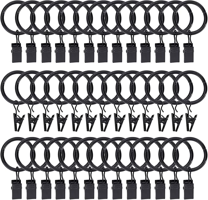 Lansian 72 Pack Curtain Rings with Clips Hooks 1 in Diameter Rustproof | Matte Metal Stainless Steel Drapery Rings for Tension Rod Bracket Eyelets Decorative Hanger, Fits 3/4 in Rods, Black