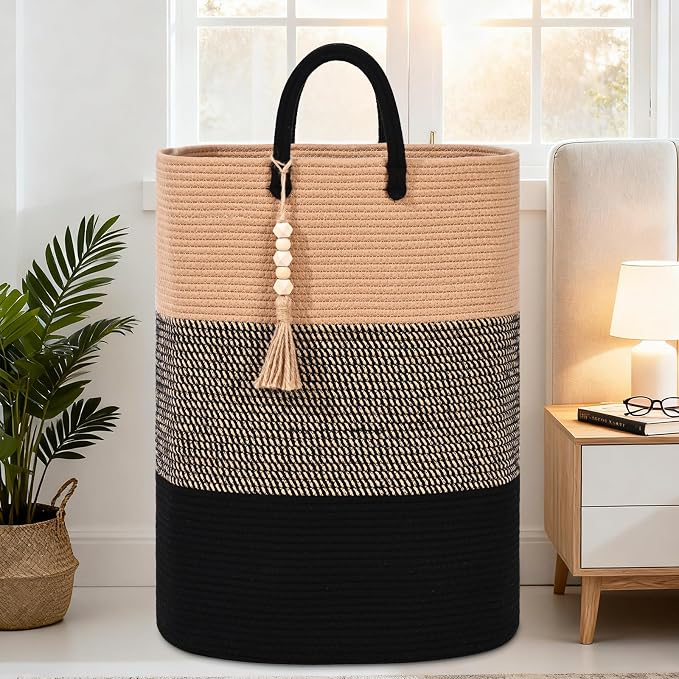 Woven Laundry Basket for Clothes, 50 L Large Rectangle Laundry Hampers with Beads Tassel, Nursery Storage Basket for Toys, Tall Dirty Clothes Hamper for Bedroom Aesthetic, Laundry Room Organization