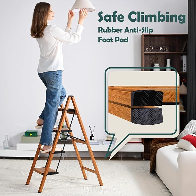Taranta 4 Step Stool Foldable,Aluminum Step Ladder-Woodgrain | Lightweight,Wide Anti-Slip Pedals,Folding Step Stool,330lbs Capacity Stepladder for Household,Kitchen,Office