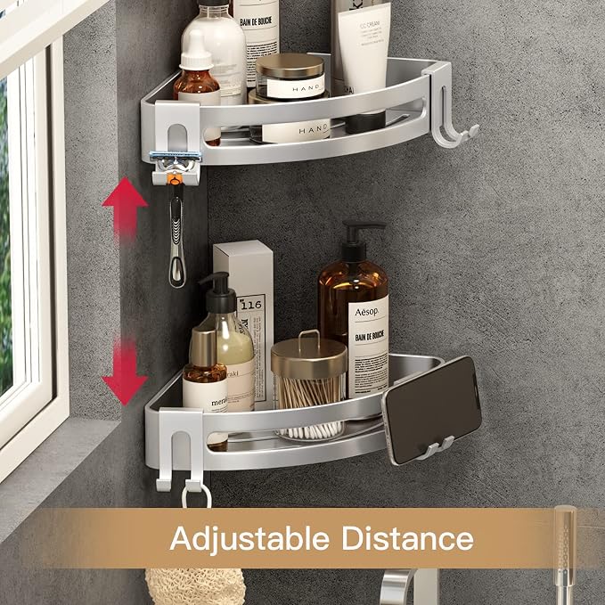 Corner Shower Caddy with Razor Holder Adhesive Shower Shelf Corner No Drilling Corner Shower Organizer Storage Rack Shampoo Holder Wall Mount (3-Pack, Silver)