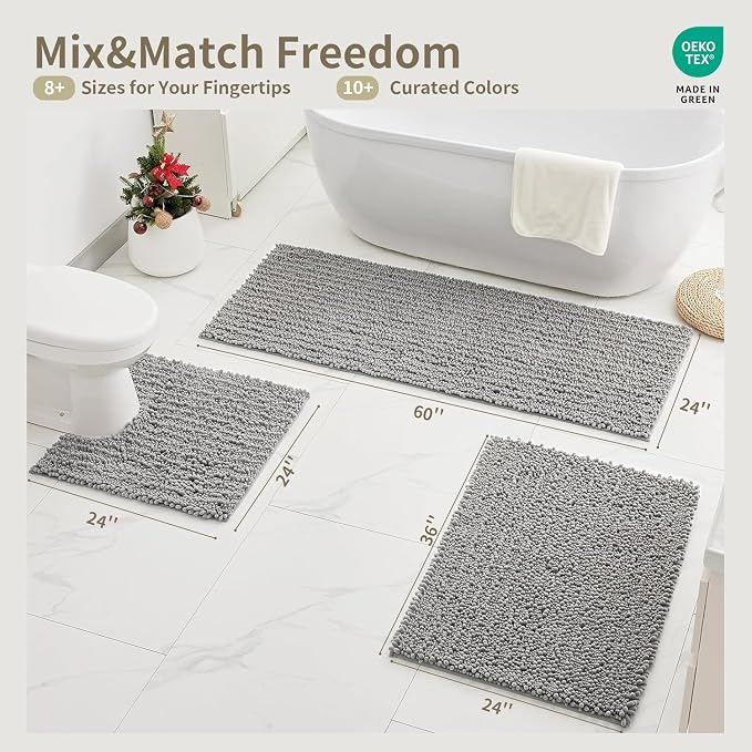 Bathroom Rugs Non Slip Washable 44x24, Extra Thick Soft Chenille Absorbent Bath Mat, High Density Barrier Non Slip Backing, Quick Dry Plush Shaggy Floor Carpet for Tub&Shower, Grey