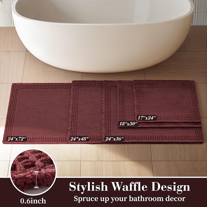 RESARE Waffle Bathroom Runner Rugs, Non Slip Boho Bath Mat 24"x72" Dark Red | Long Absorbent Bathroom Floor Mats Machine Washable Quick Dry, Soft Solid 2'x6' Bath Rugs with Tassels, Ideal Farmhouse Decor