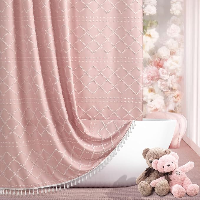 Siiluminisoy Extra Long Boho Pink Shower Curtain with Tassels 72 x 84, Tufted Chevron Striped Chenille Woven Fabric Cloth Shower Curtain Modern Farmhouse Minimalist, Shabby Chic Textured for Bathroom