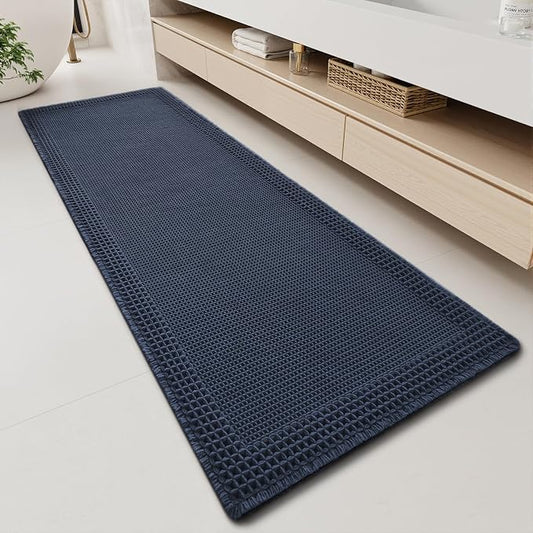 RESARE Waffle Bathroom Runner Rugs, Non Slip Boho Bath Mat 24"x60" Navy | Long Absorbent Bathroom Floor Mats Machine Washable Quick Dry, Soft Solid 2'x5' Bath Rugs with Tassels, Ideal Farmhouse Decor