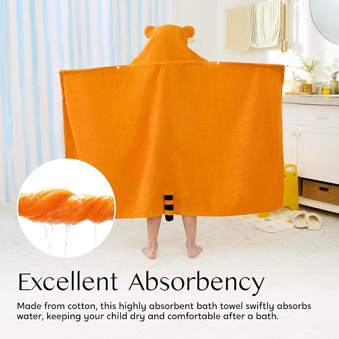 Joiedomi Hooded Towel for Kids Soft 100% Cotton Bath Beach Towel 30" x 50" for Kids 3-8 Years Toddler Pool Poncho with Hood Absorbent Swim Wrap for Boys Girls Yellow Tiger