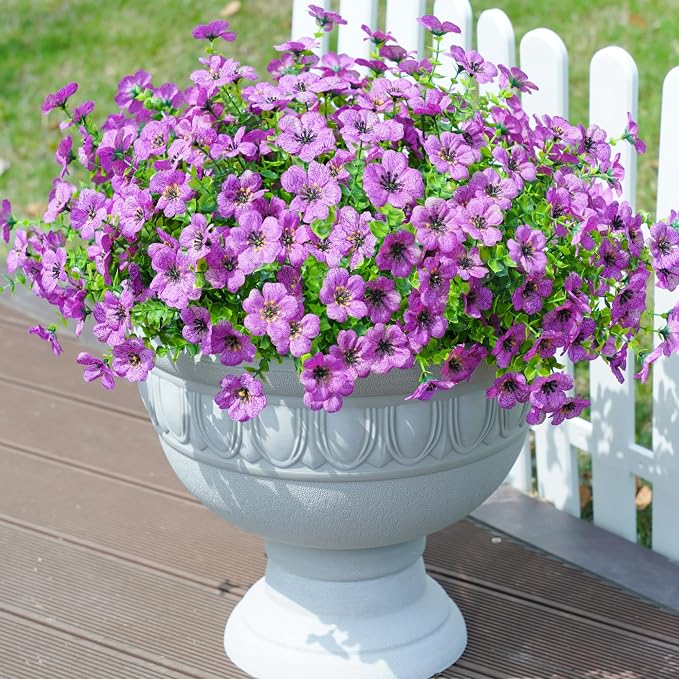 florisso Artificial Flowers for Outdoors Daisy 12 Bundles for Home | Faux Flower Fake Plants Outside Decoration with Eucalyptus UV Resistant for Planter Porch Patio Yard Garden Purple