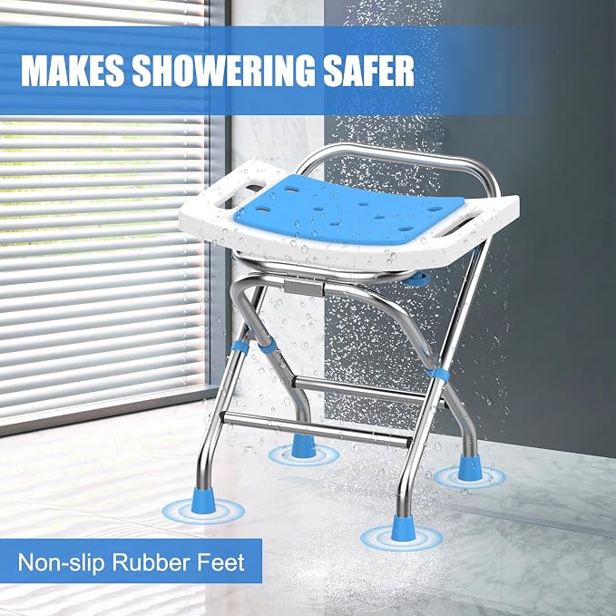 Height Adjustable Folding Shower Chair Seat, Stainless Steel Shower Chair for Inside Shower w/Crossbar, 420LB Portable Travel Shower Stool, Safety Anti-Slip Bath Chair for Seniors,White