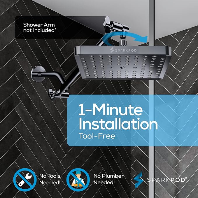 SparkPod Rain Shower Head, 8 Inch Square, Charcoal Grey Finish | High Pressure Shower Heads, 90 Nozzles, Adjustable Showerhead, No Tools Needed, Universal Connection