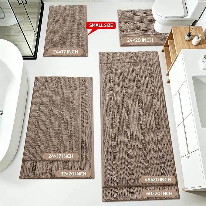 Striped Dark Beige Toilet Bathroom Rug Mat Set 2 piece Rug Ultra Soft, Non Slip Chenille Bath Rugs, Absorbent Plush Shaggy Bath Mats for Bathroom, Bedroom, Kitchen, Shower, Tub,Taupe