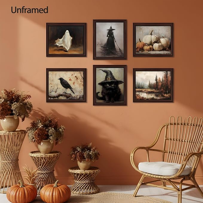 ZYANGZY Vintage Halloween Poster Set of 6, Dark Academia Ghost Wall Art Painting Crow Pumpkin Wall Decor Gothic Wizard Canvas Picture Prints for Farmhouse Mantel Living Room 12x16 inch Unframed