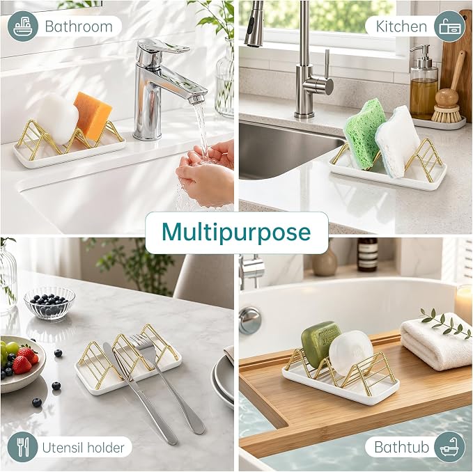 Stainless Steel Soap Dish Draining Soap Holder with Ceramic Tray, Gold | Reversible Design Fits 2-3 Bars, Rustproof, Easy to Clean, Space Saving, Non Slip, for Bathroom, Shower, Kitchen