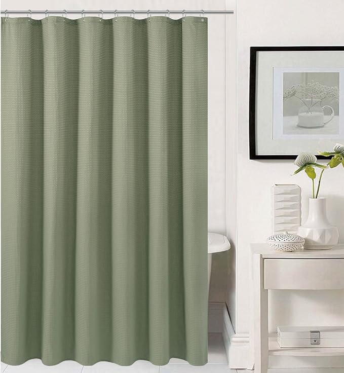 Barossa Design 71x66 Short Shower Curtain Sage Green | Fabric Waffle Weave, 230 GSM Heavy Duty, Water Repellent, Machine Washable, Hotel Luxury Spa