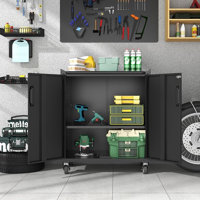 Metal Storage Cabinet for Garage, Tool Cabinet, Utility Cabinet | Wheeled, Rolling Tool Cabinet, Lockable, 2 Doors, Adjustable Shelves, Top Countertop, Assembly Required, Black