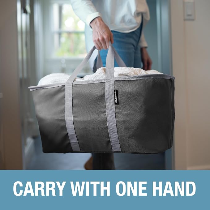 CleverMade Collapsible Laundry Tote, 50L Carry-All Tote, 2 Pack, Denim | Carry a Full Load with One Hand | Long Center Handles Balance 55 lb, While the Steel Rim Holds Shape and Folds Flat